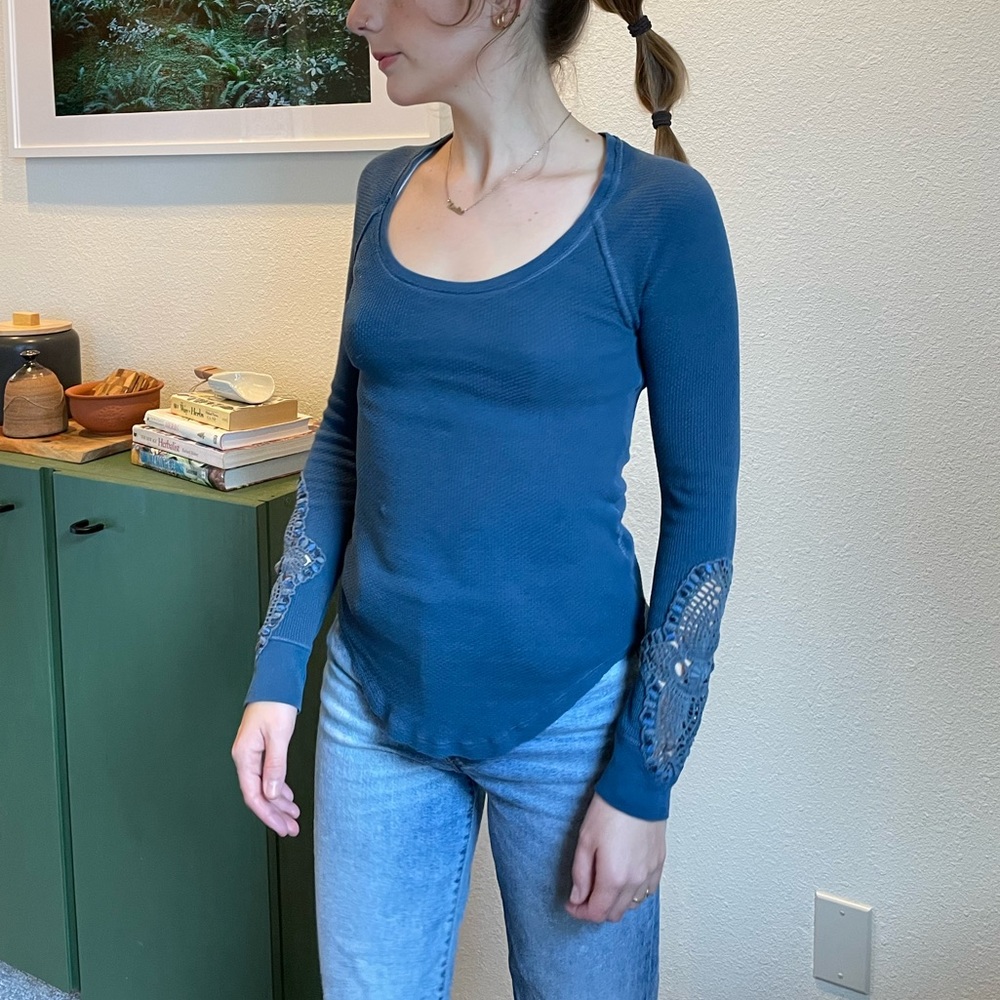 Free People Waffle Scoop Neck Long Sleeve with Crochet Detail